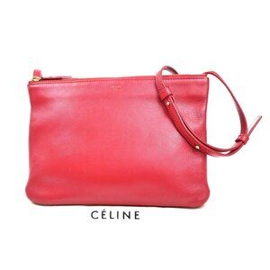 CELINE Logo Trio Small Crossbody Shoulder Bag Leather Red Italy GHW 32MA305